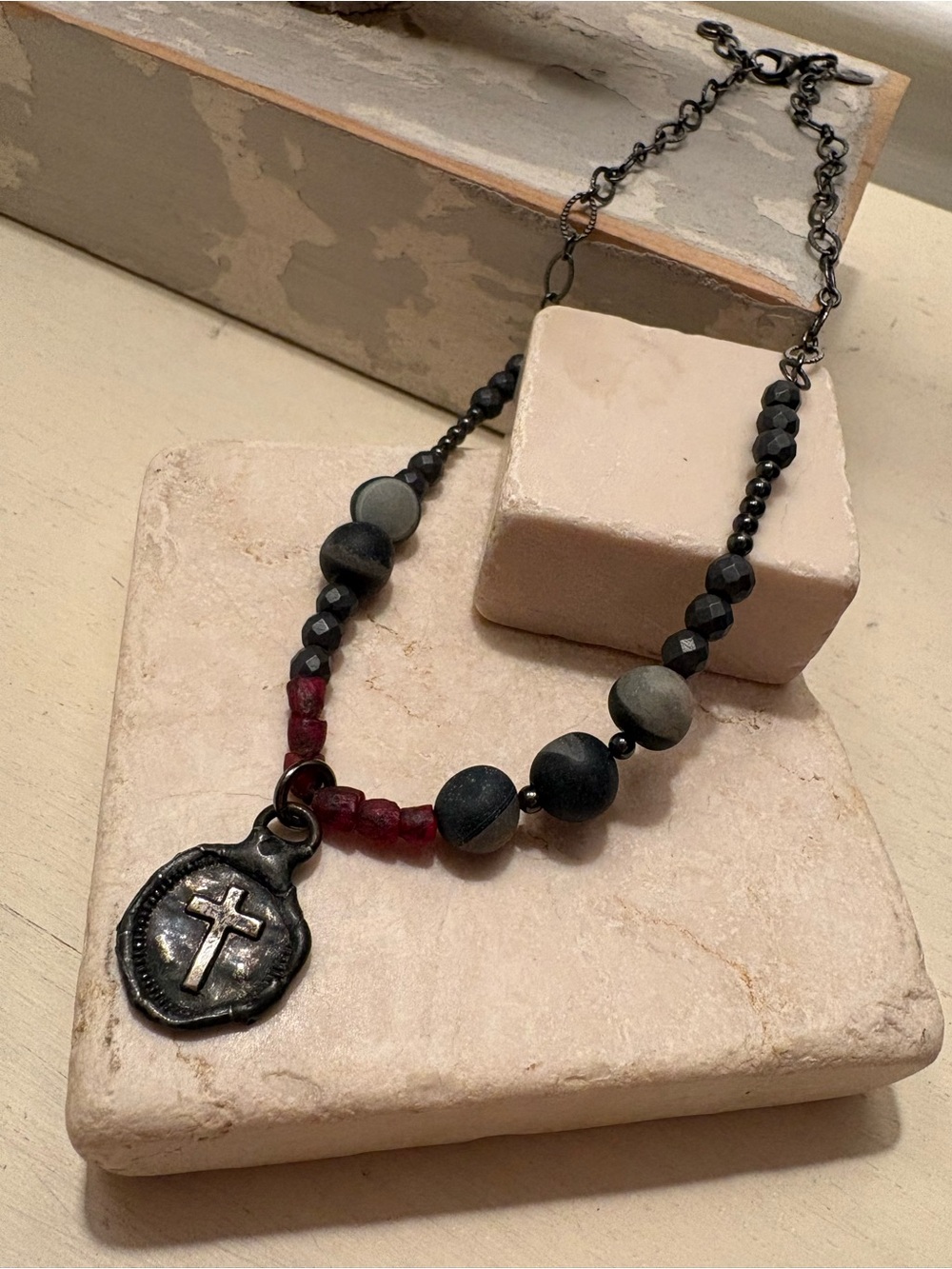 LOYAL MUSE Necklace Black Wood Skin Jasper Red Glass Beads Silver Gunmetal Cross